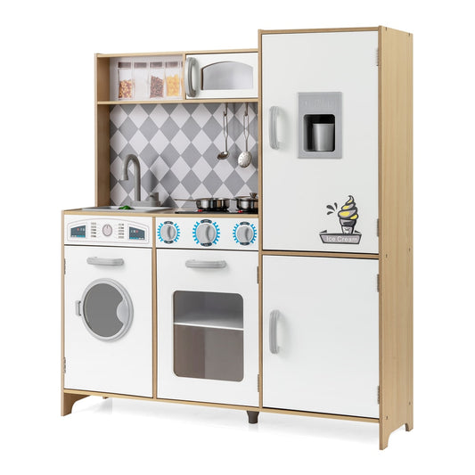 Pretend Play Kitchen with ice maker and cooking stove for kids in natural wood finish