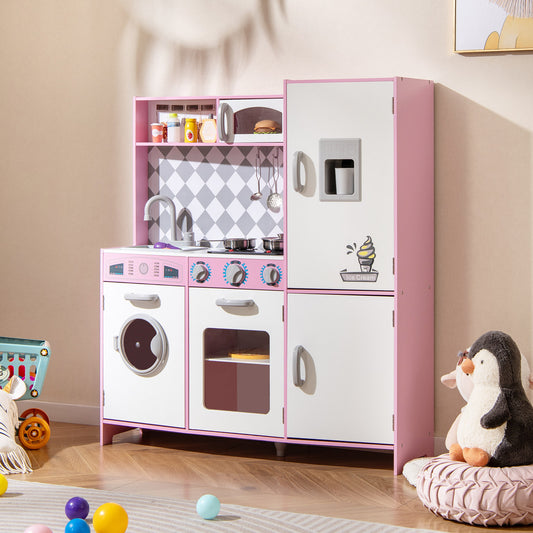 Pink play kitchen set with fridge and washing machine in a child's room