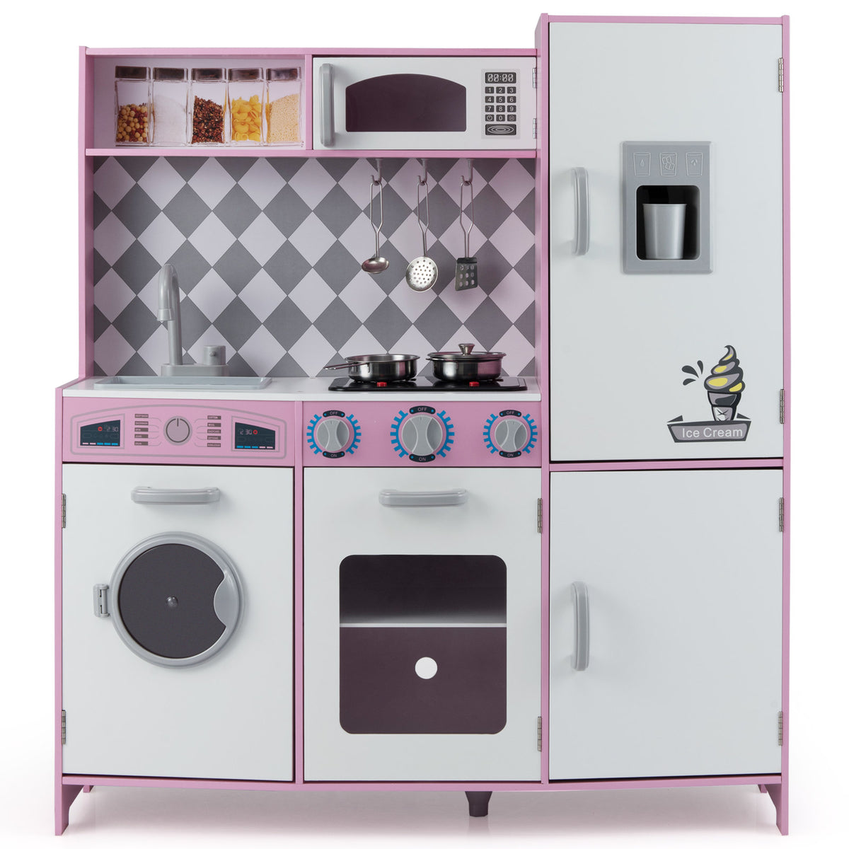 Close-up of the pink play kitchen with microwave and utensils