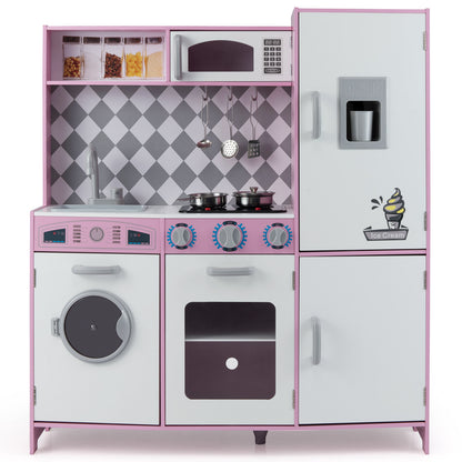 Close-up of the pink play kitchen with microwave and utensils