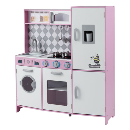 Pretend Play Kitchen with ice maker and cooking stove in pink and white
