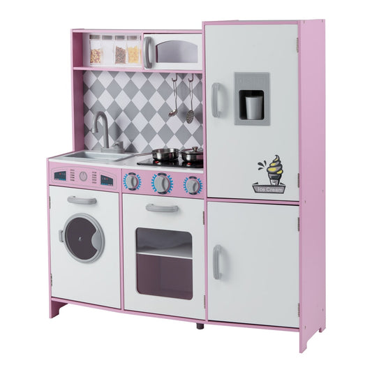 Pretend Play Kitchen with ice maker and cooking stove in pink and white