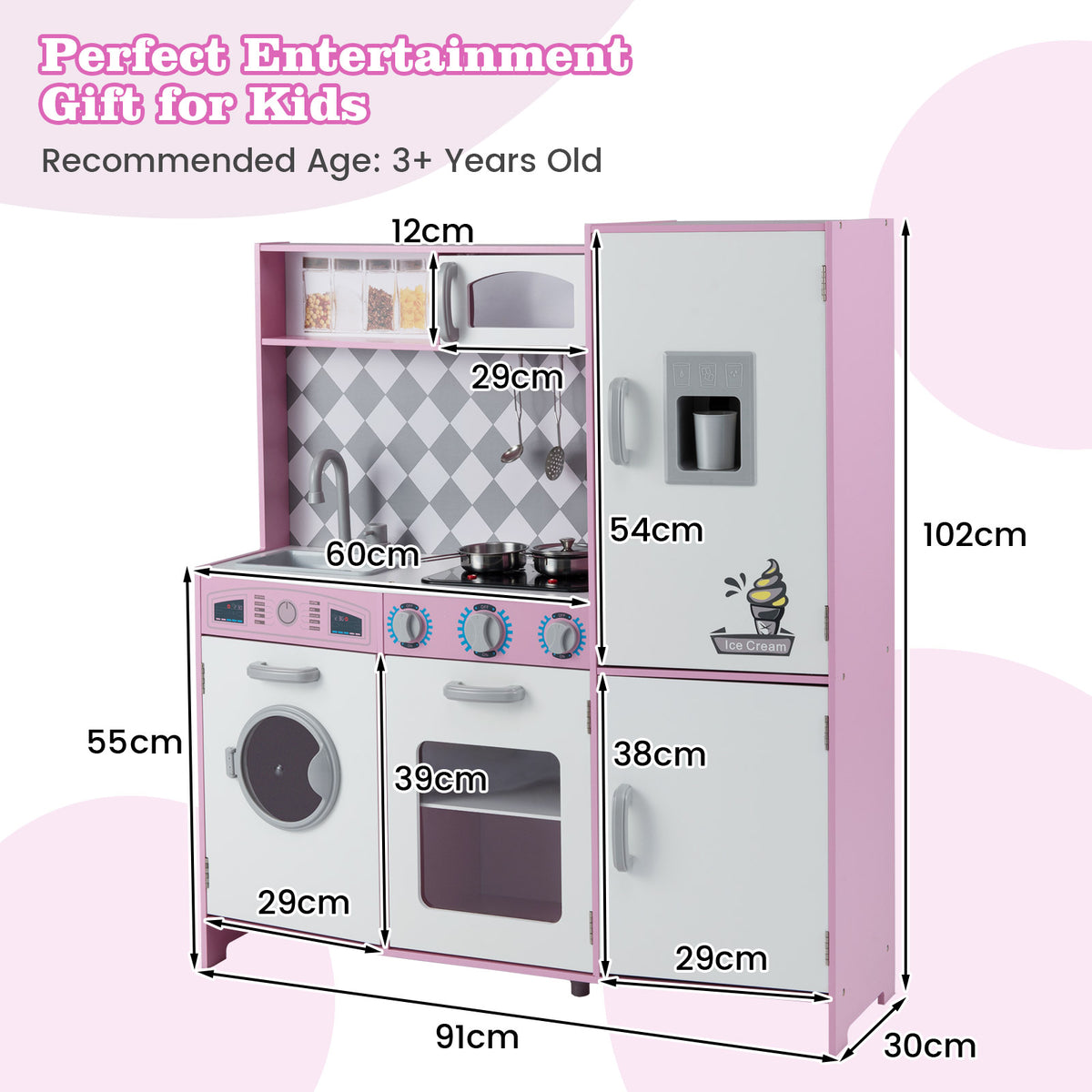Size diagram of the pink play kitchen set with dimensions