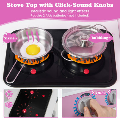 Close-up of the pretend play kitchen stove with cooking sounds