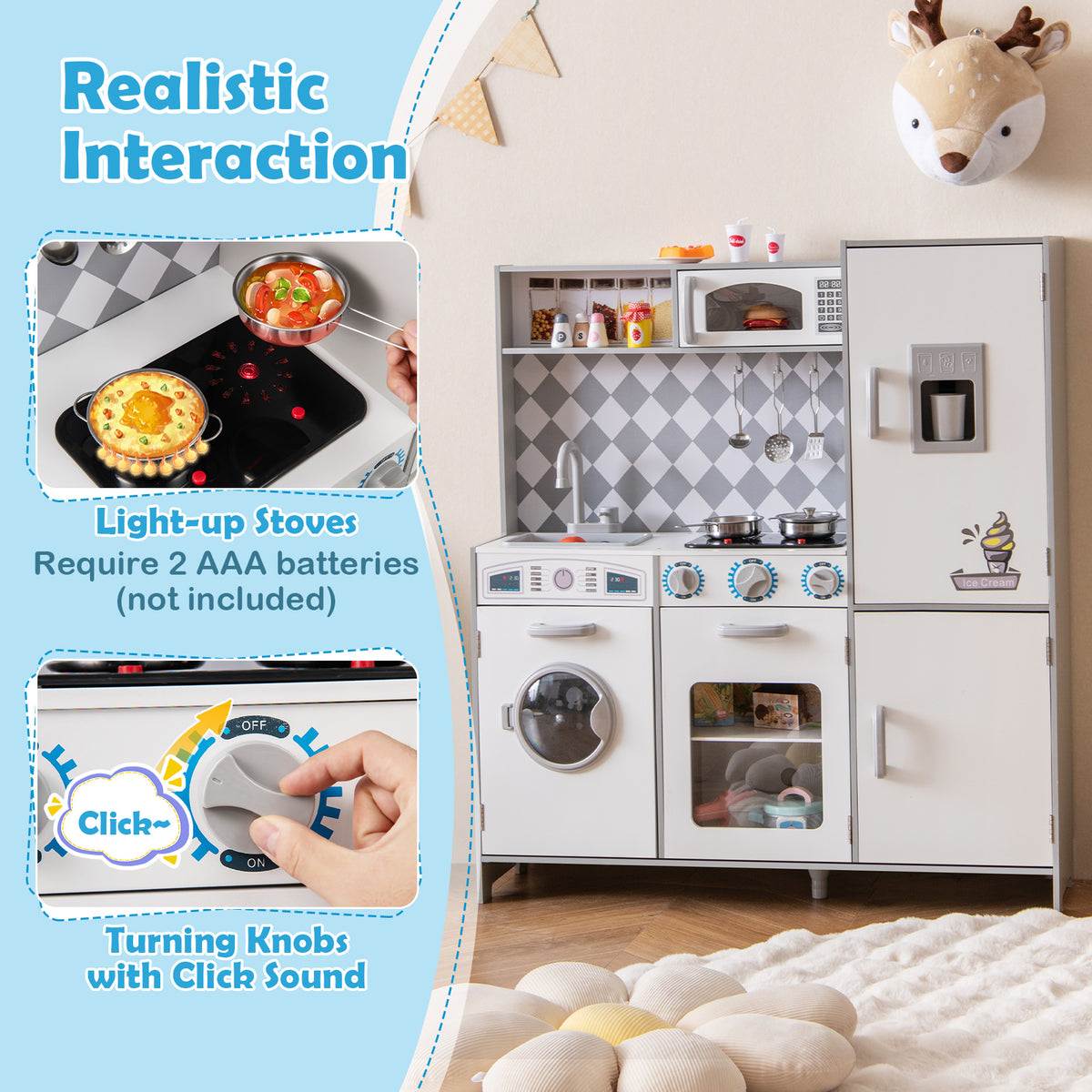 Realistic interaction features of the white play kitchen set