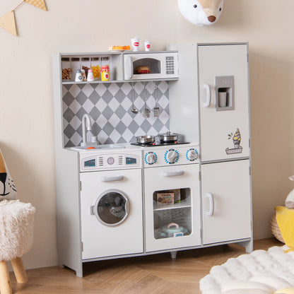 White play kitchen set with microwave, oven, fridge and washing machine