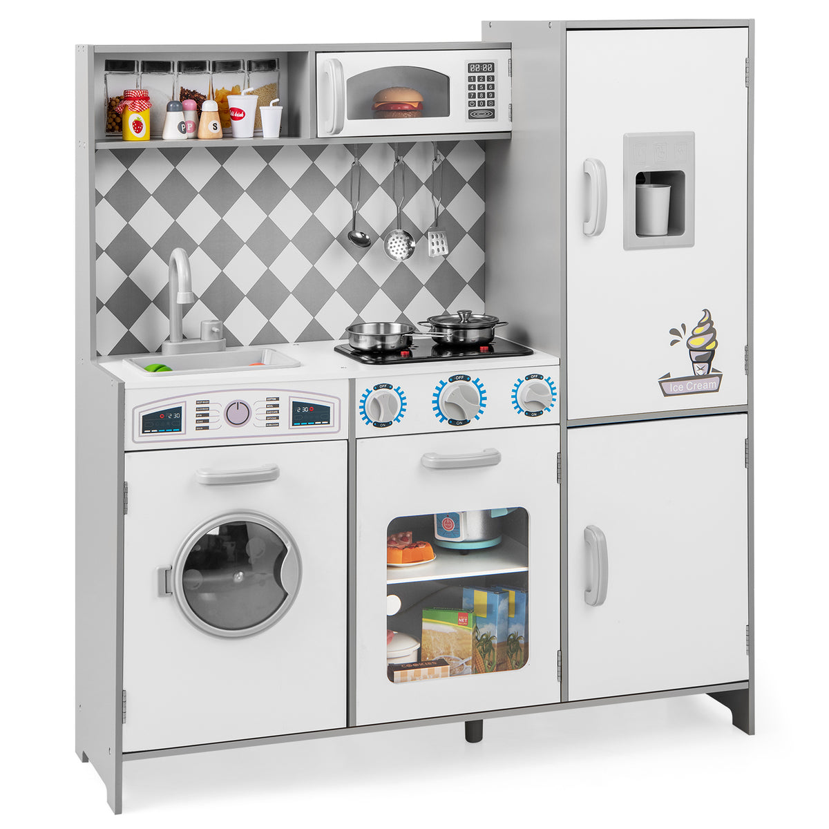 Pretend Play Kitchen with ice maker and cooking stove for kids in white