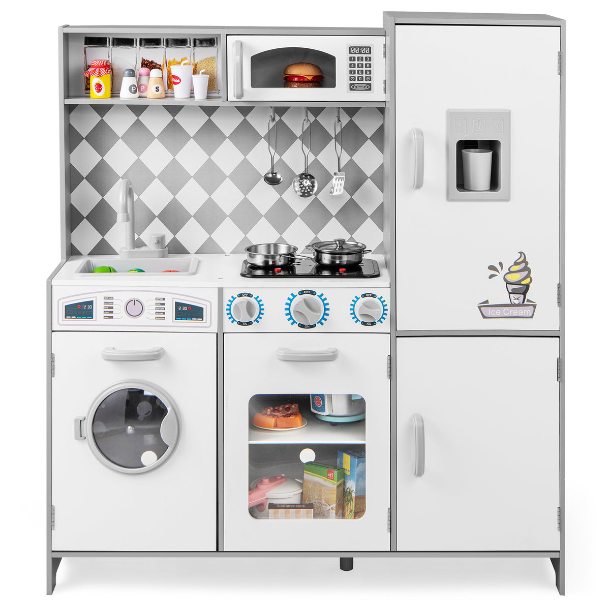 Close up of the white play kitchen set showing the oven and hob