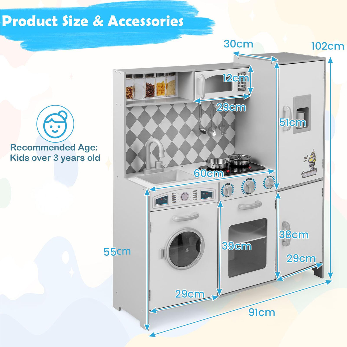Size and accessory diagram for the white play kitchen set