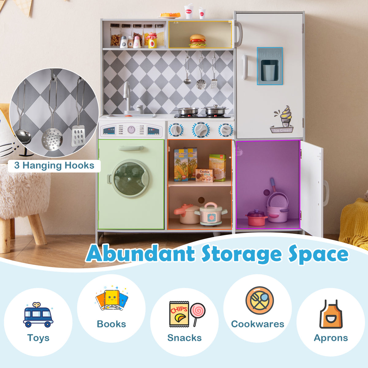 Abundant storage space in the white play kitchen set