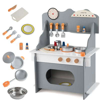 The toy kitchen set with accessories laid out separately