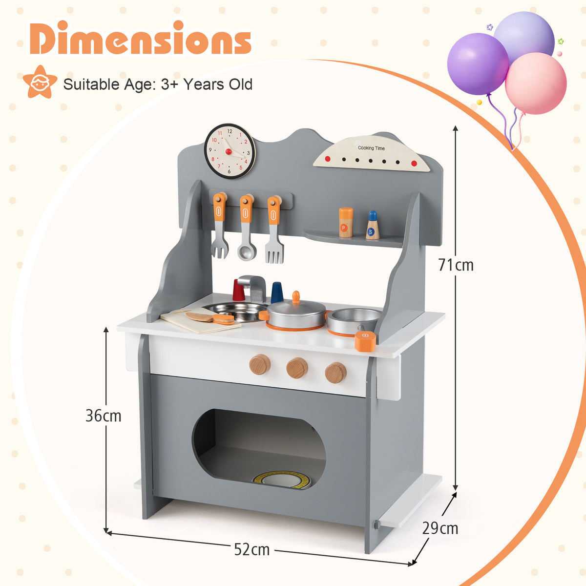 Dimensions of the grey play kitchen set with height and width