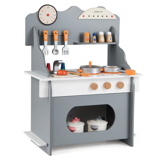 Pretend Play Toy Kitchen Set with clock, stove and spice rack in grey