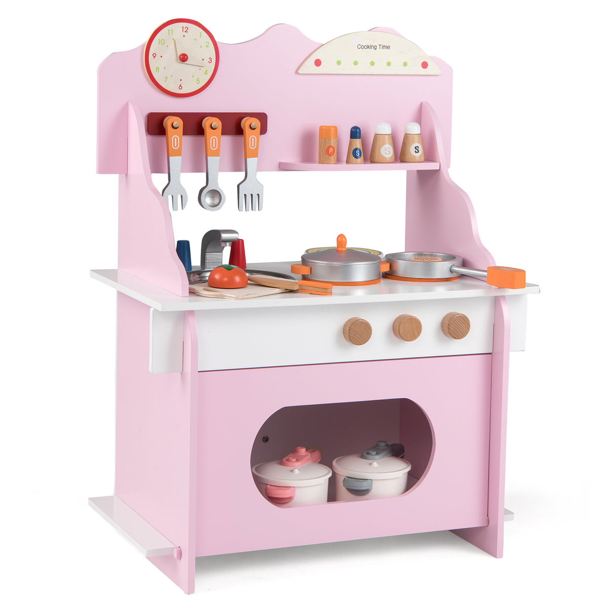 Pretend Play Toy Kitchen Set with a clock, spice rack, and cooking utensils on a white background