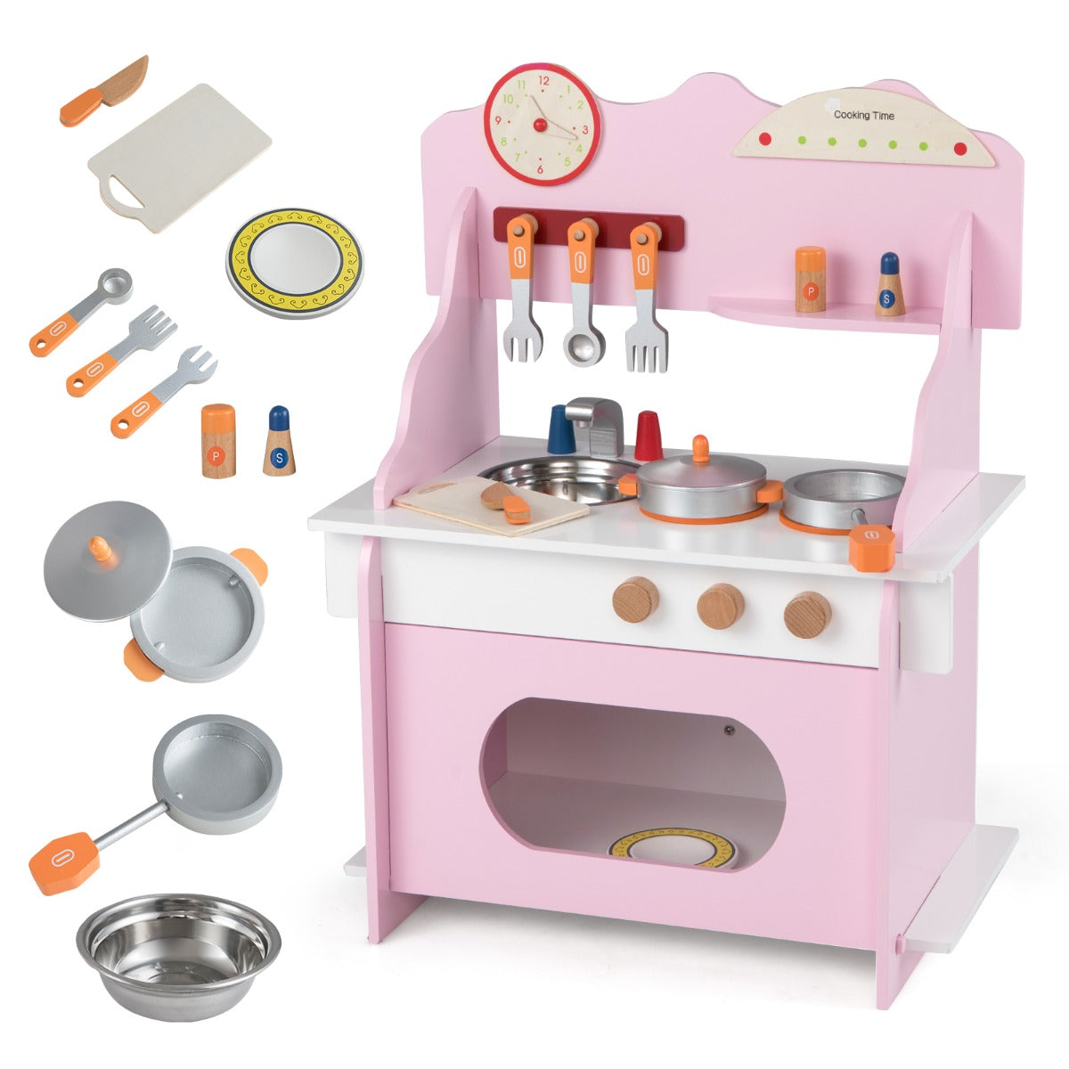 The play kitchen set displayed alongside all the included pots, pans, and wooden accessories