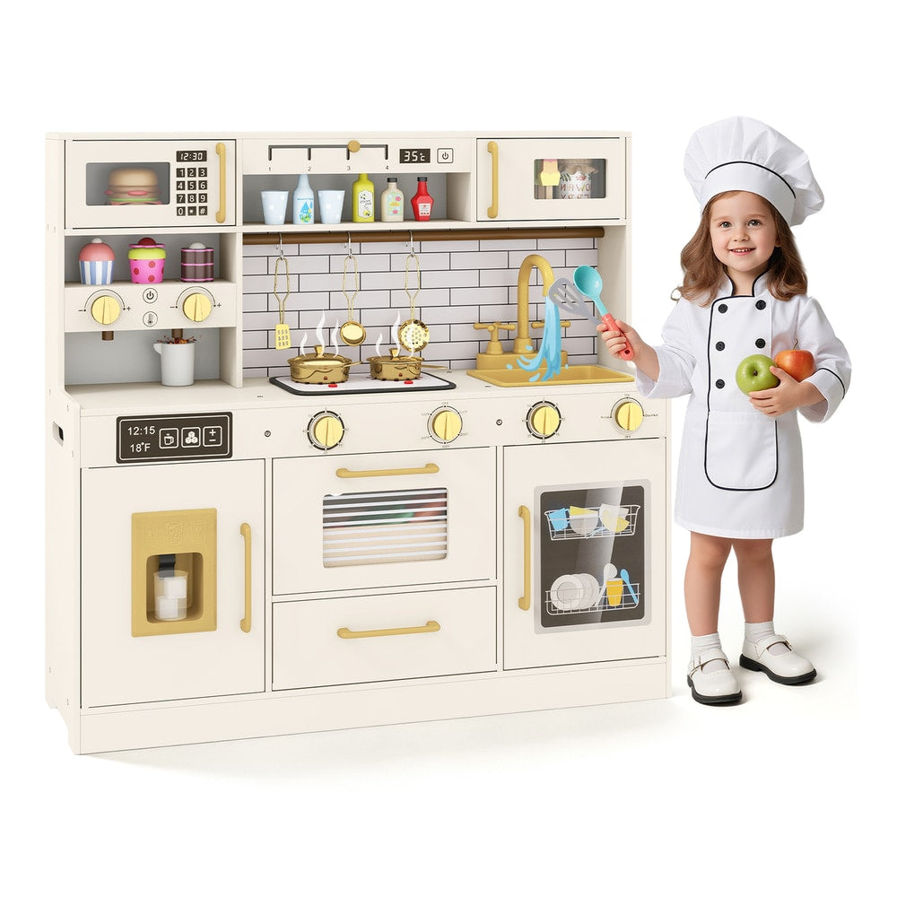 A young girl in a chef's outfit plays with the toy kitchen set