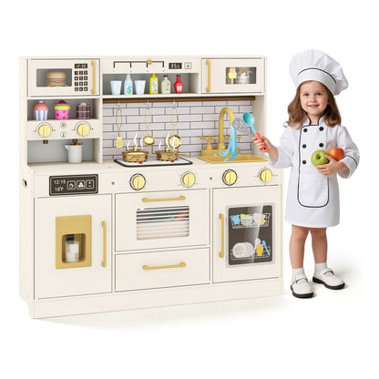 A young girl in a chef's outfit plays with the toy kitchen set