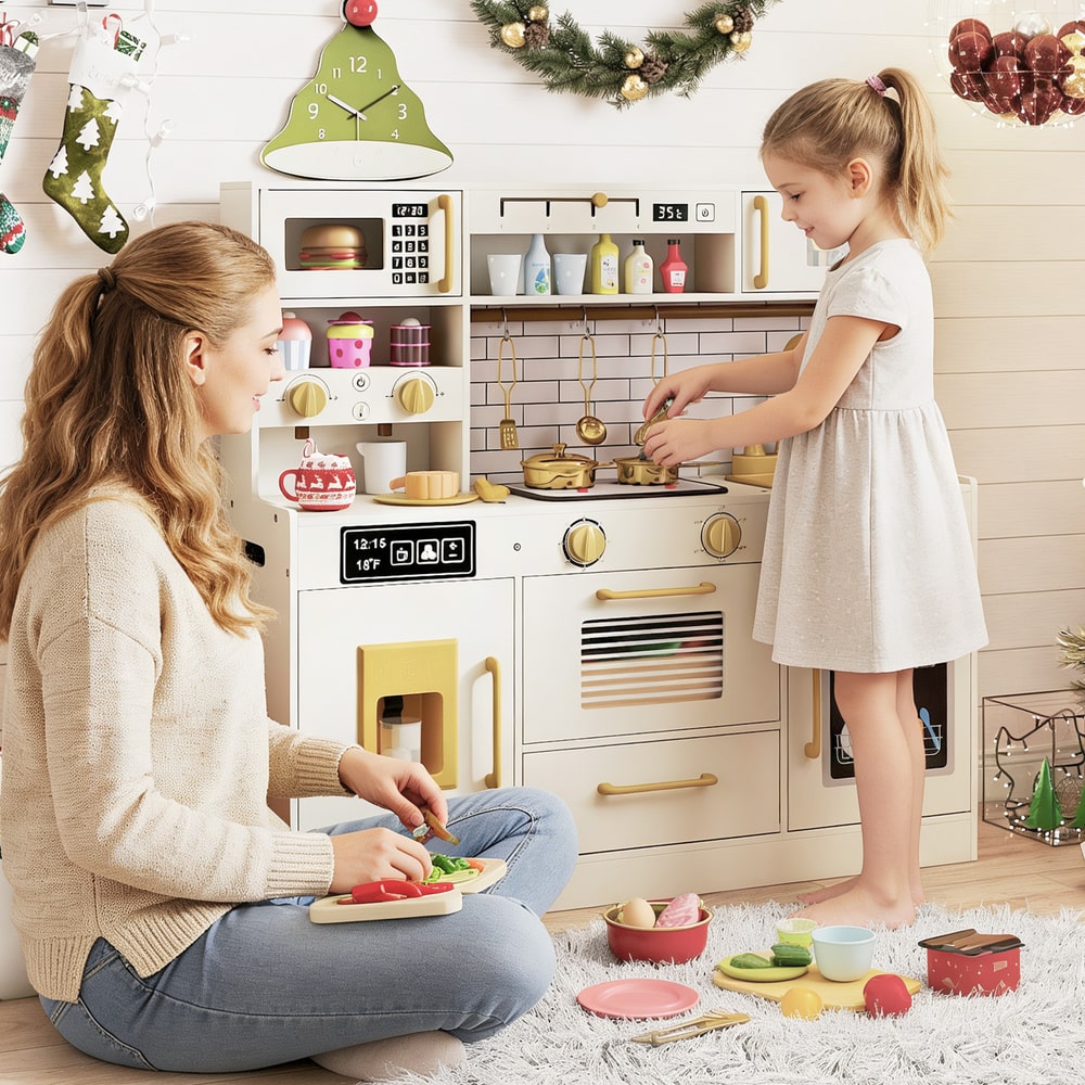 A mother and daughter are playing together with the toy kitchen set in a living room