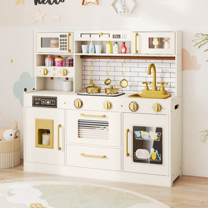 The beige toy kitchen set is displayed in a child's bedroom with wall decorations