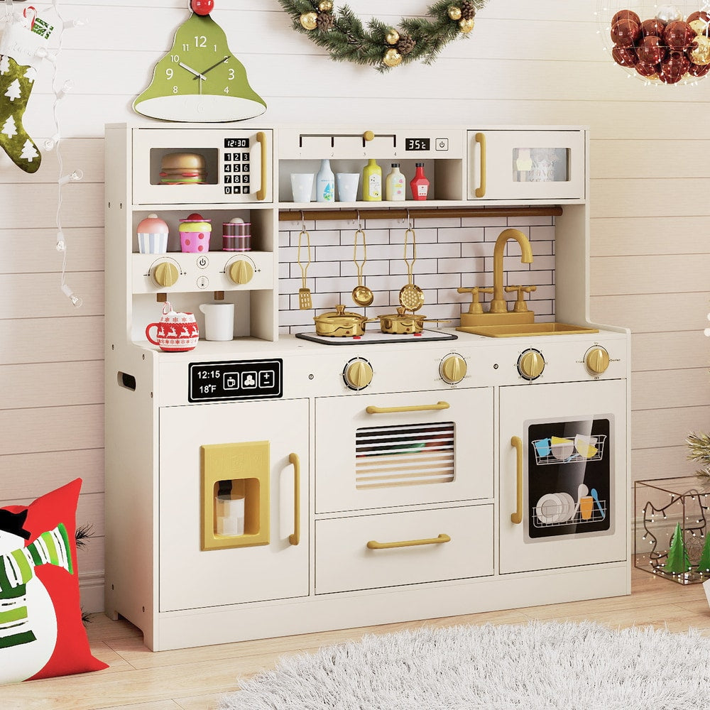 The play kitchen set is shown in a festive room setting with Christmas decorations
