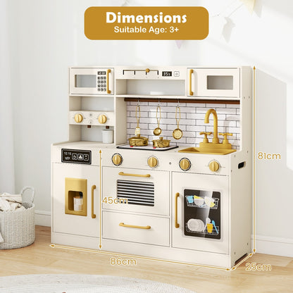 Dimensions diagram showing the height, width and depth of the play kitchen set