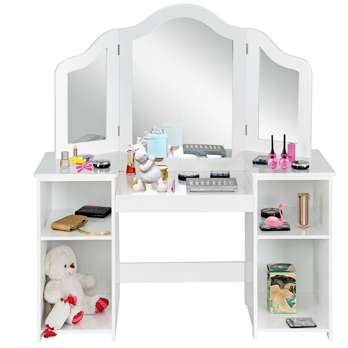Princess Makeup Table Kids Vanity with Mirror, a white dressing table with a triple mirror and shelves