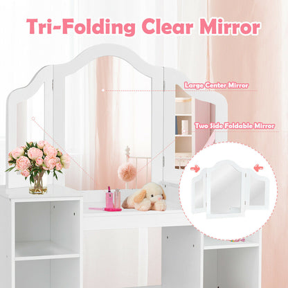 Close up of the tri-folding clear mirror on the kids vanity table