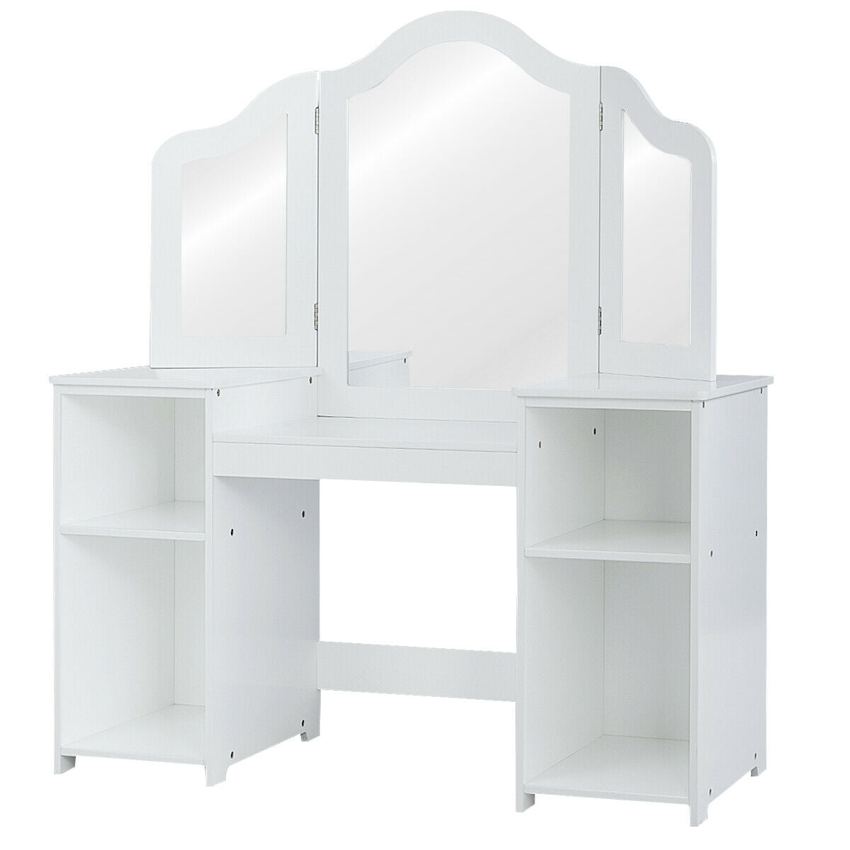White kids vanity table with a triple mirror and side shelves, viewed from the front