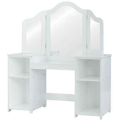 White kids vanity table with a triple mirror and side shelves, viewed from the front