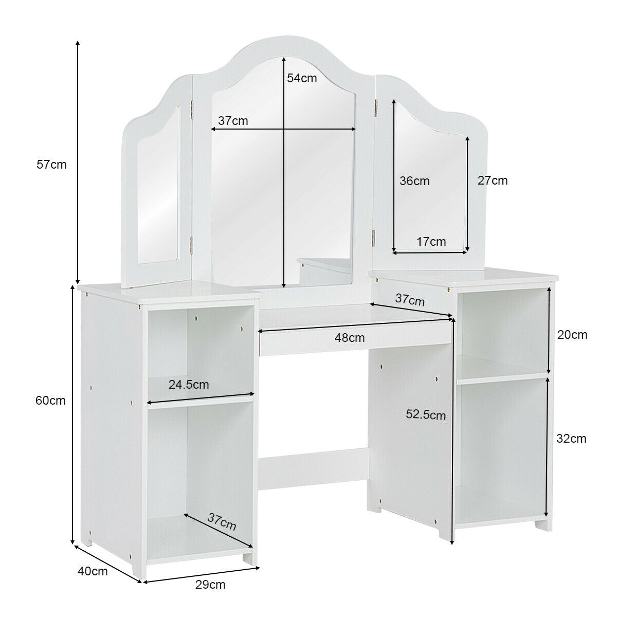 A diagram showing the dimensions of the white kids vanity table with mirror