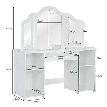 A diagram showing the dimensions of the white kids vanity table with mirror