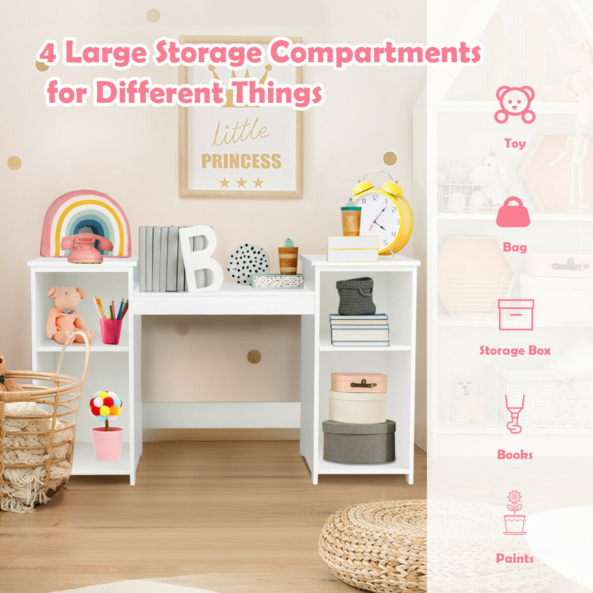 The kids vanity table has four large storage compartments for different things