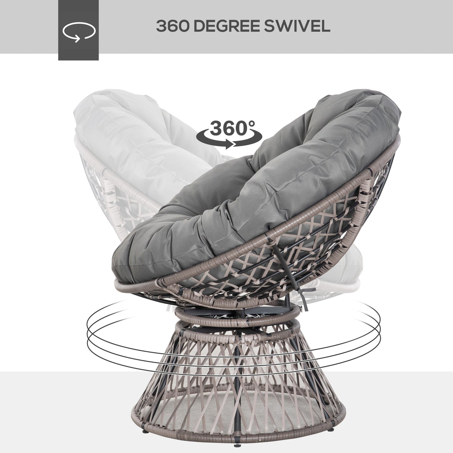 Outsunny 360 degrees Swivel Rattan Papasan Moon Bowl Chair Round Lounge Garden Wicker Basket Seat with Padded Cushion Oversized for Outdoor Indoor, Grey