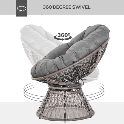 Outsunny 360 degrees Swivel Rattan Papasan Moon Bowl Chair Round Lounge Garden Wicker Basket Seat with Padded Cushion Oversized for Outdoor Indoor, Grey