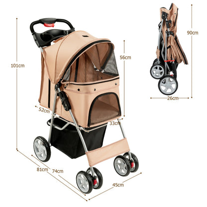 Beige pet stroller with dimensions shown in cm