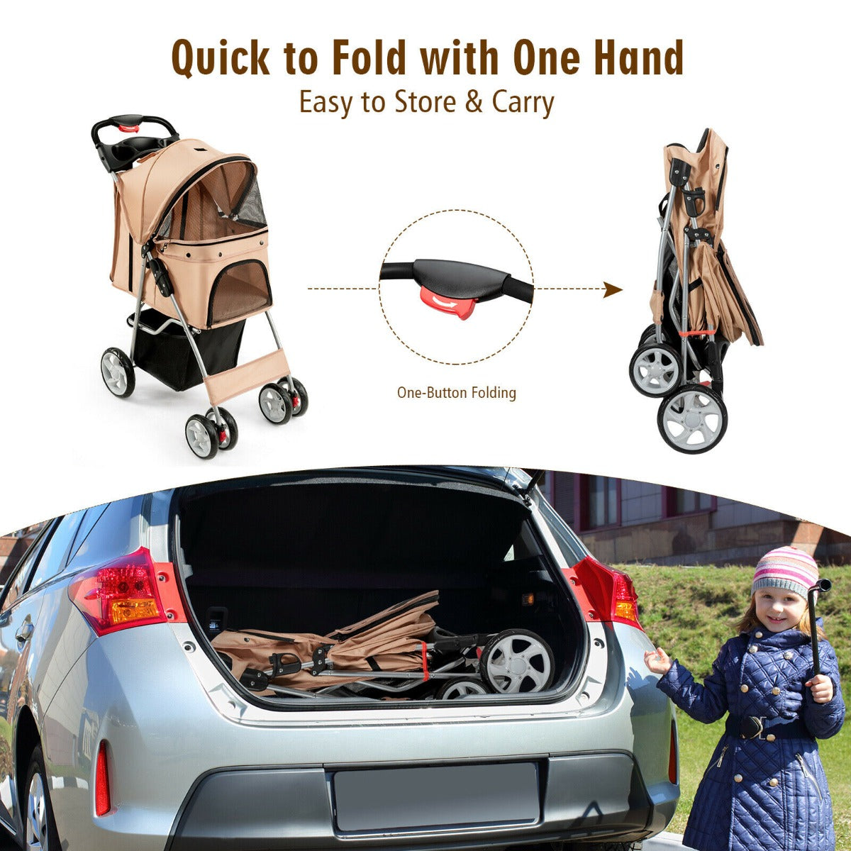 Beige pet stroller folded and placed in a car boot