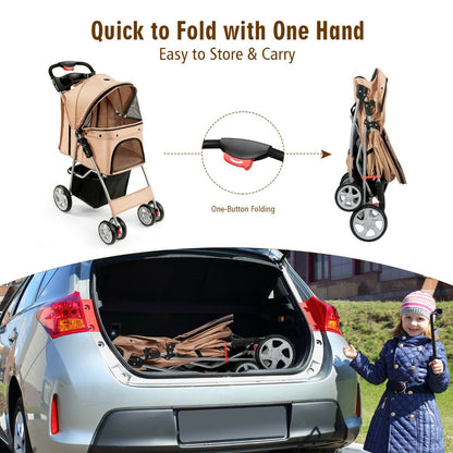 Beige pet stroller folded and placed in a car boot