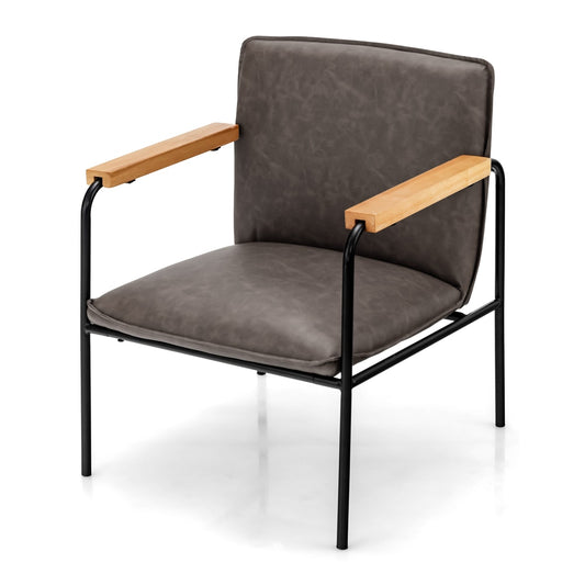 PU Leather Accent Chair in grey with black metal frame and wooden armrests on a white background