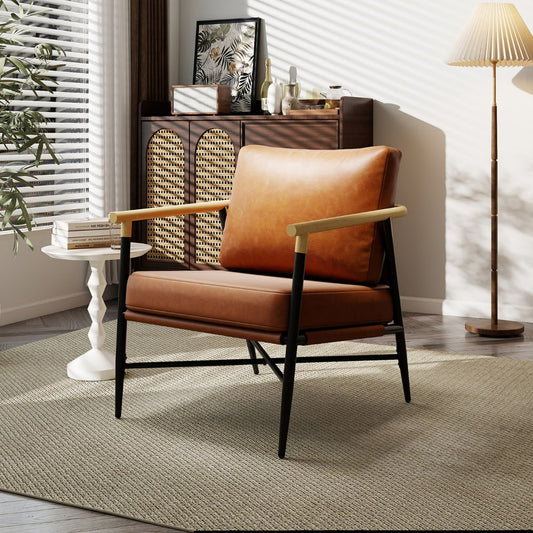 Brown PU leather accent chair with wooden arms in a stylish living room setting