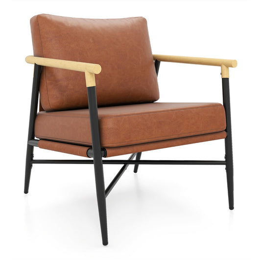 PU Leather Accent Chair with Removable Back Pillow, a brown armchair with wooden arms and black legs
