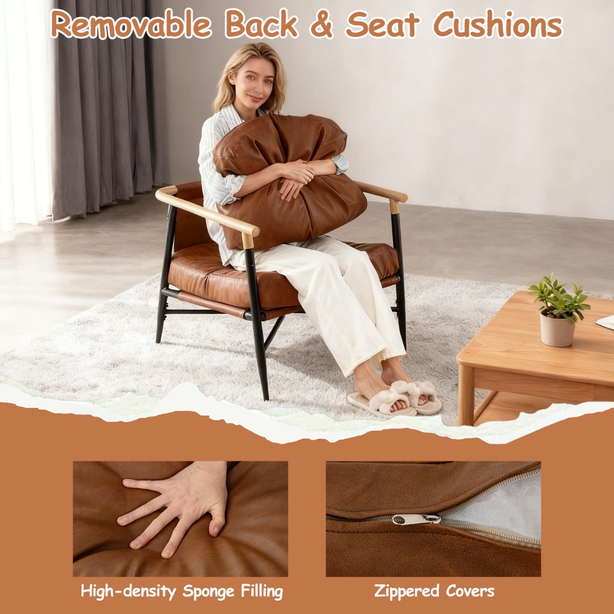 PU Leather Accent Chair with Removable Back Pillow-Brown