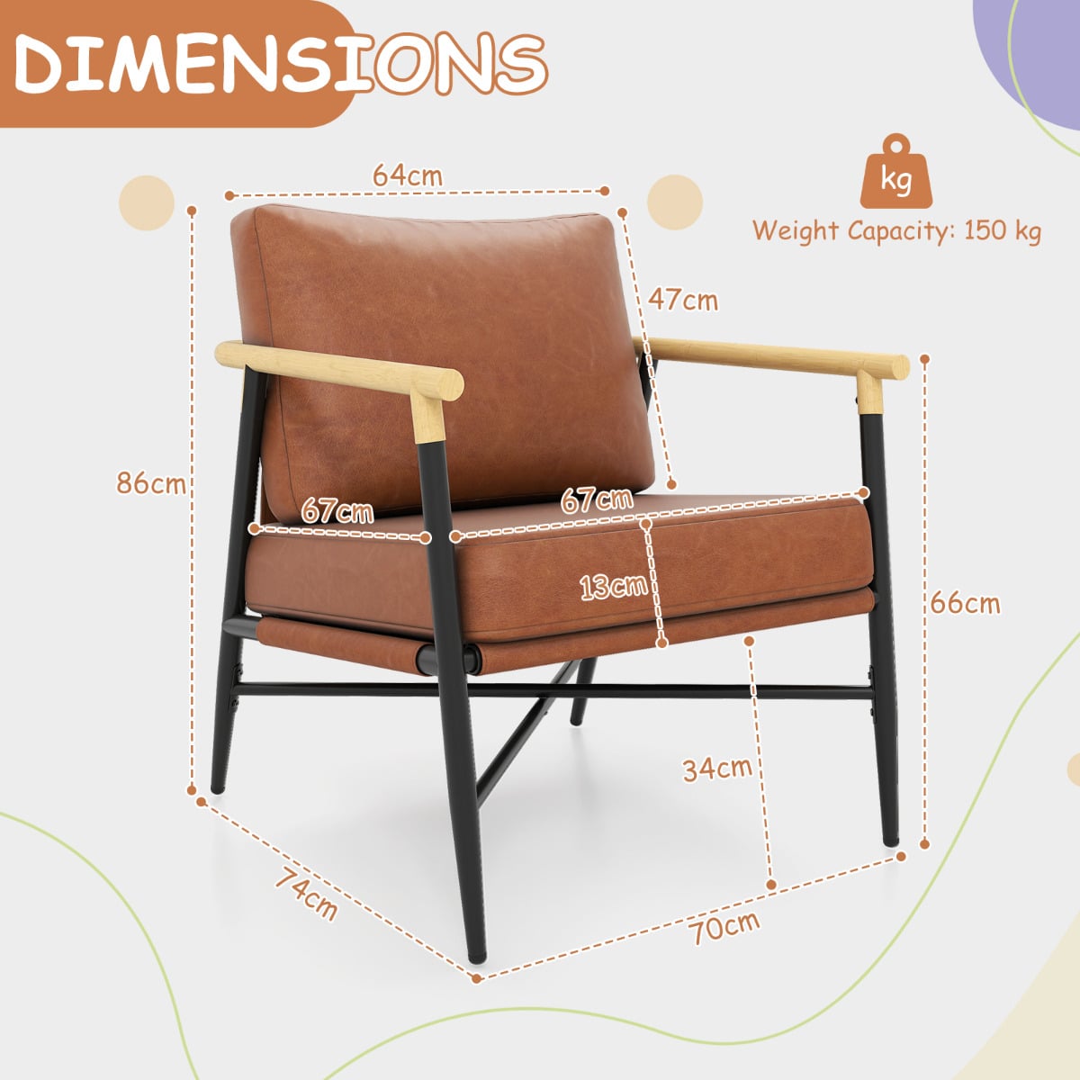 PU Leather Accent Chair with Removable Back Pillow-Brown