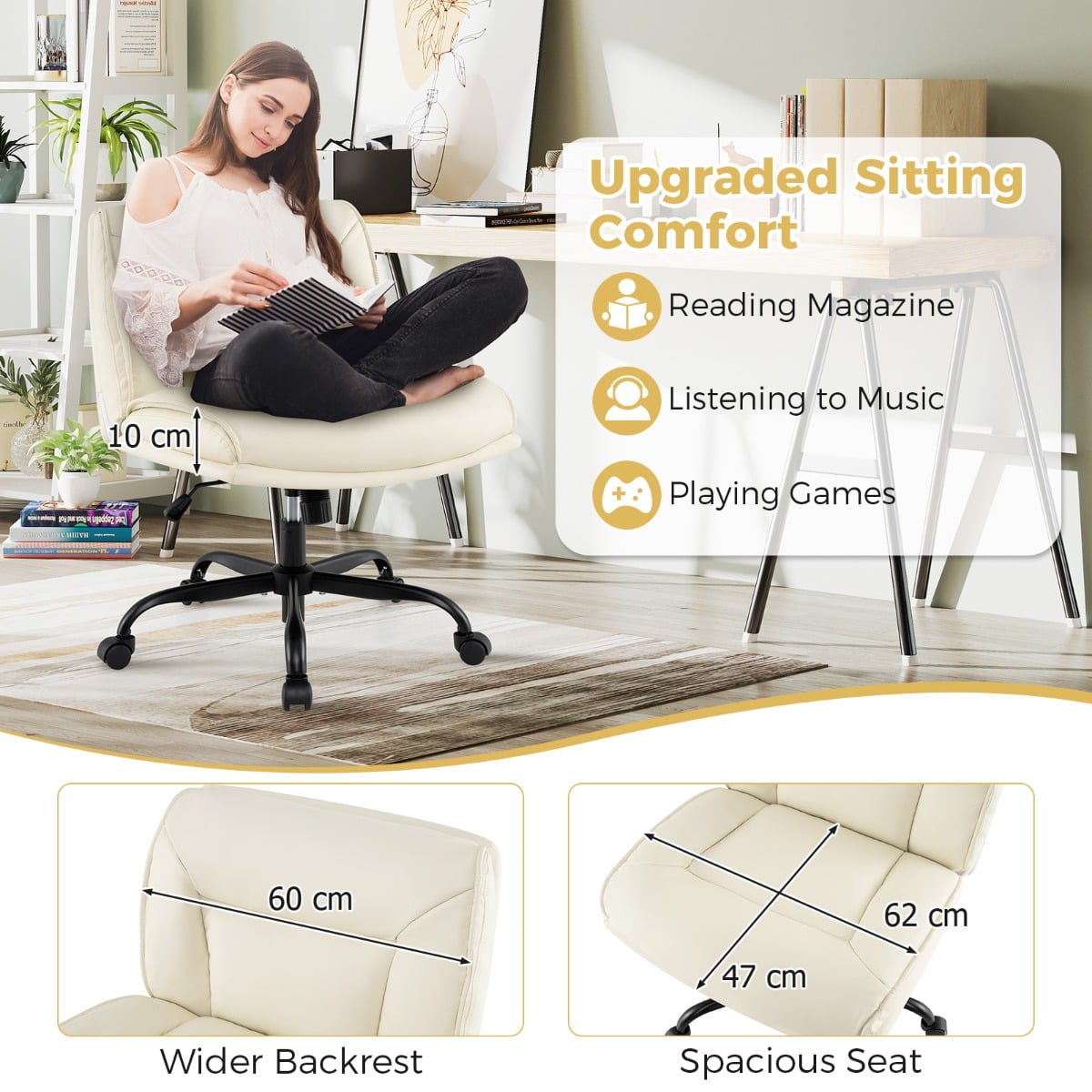 PU Leather Armless Desk Chair with Wide Backrest and Seat-Beige