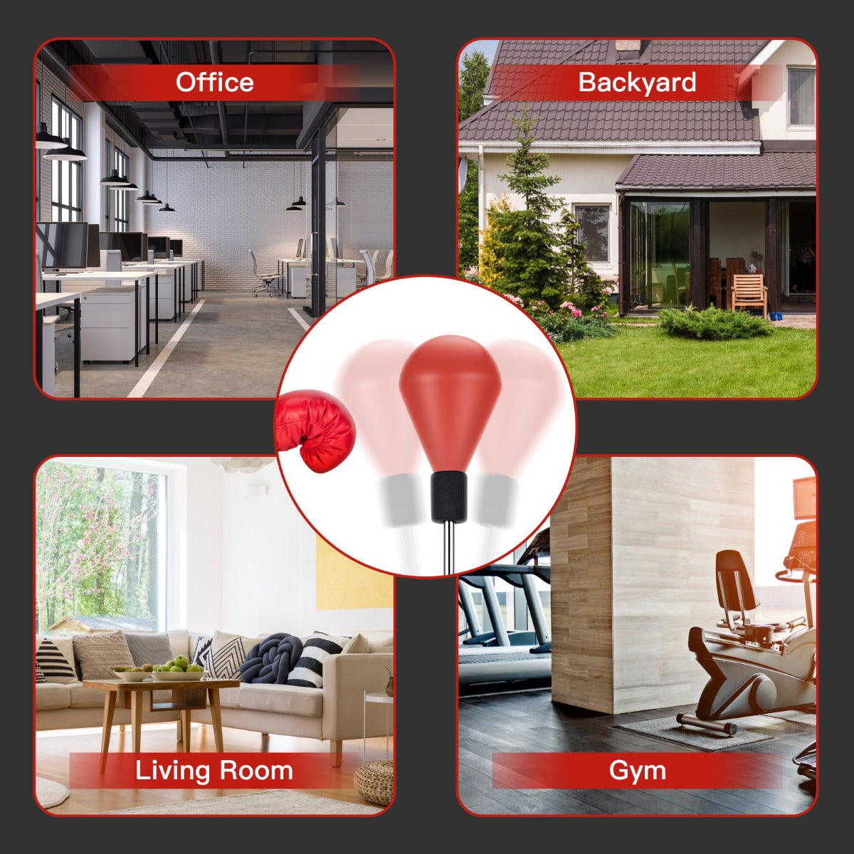 The red punching bag with stand shown in an office, living room, backyard and gym