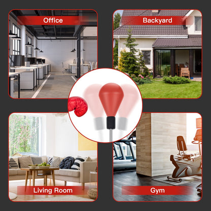 The red punching bag with stand shown in an office, living room, backyard and gym