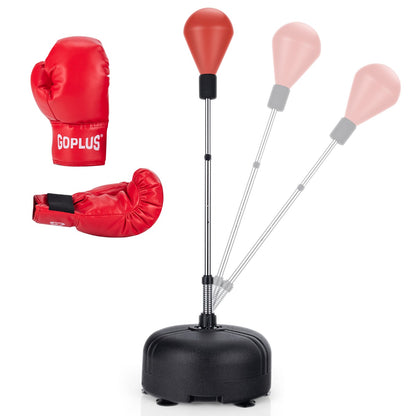 Red boxing gloves and the red punching bag with stand, with the bag shown in motion
