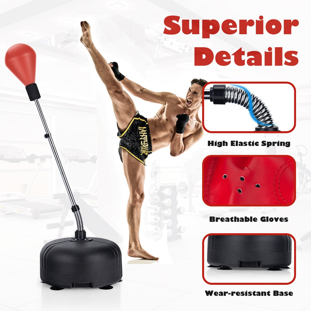 Close-up details of the red punching bag with stand, including the spring and gloves