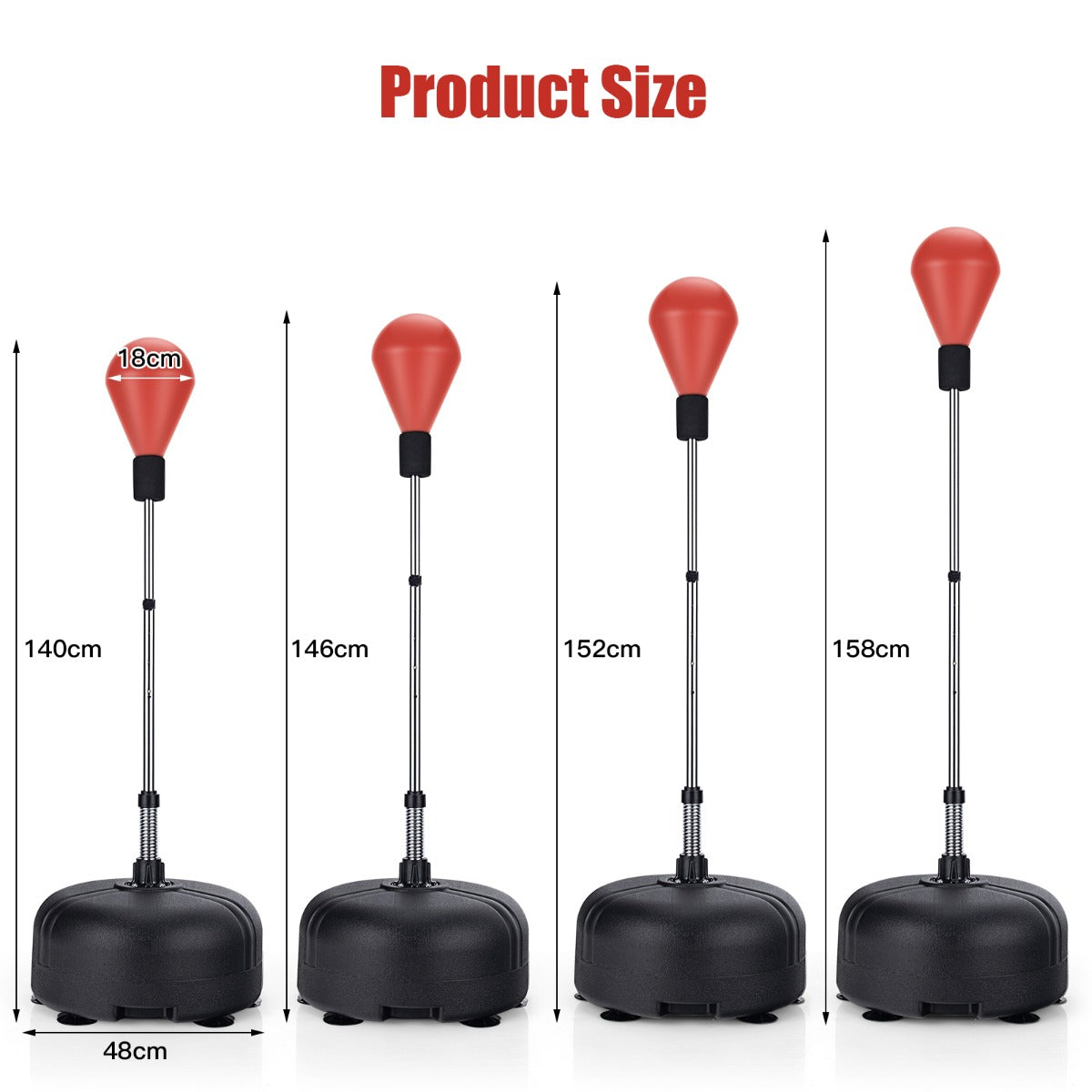 Size diagram of the red punching bag with stand showing four different heights