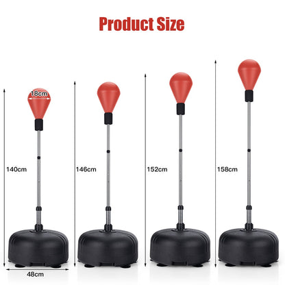 Size diagram of the red punching bag with stand showing four different heights