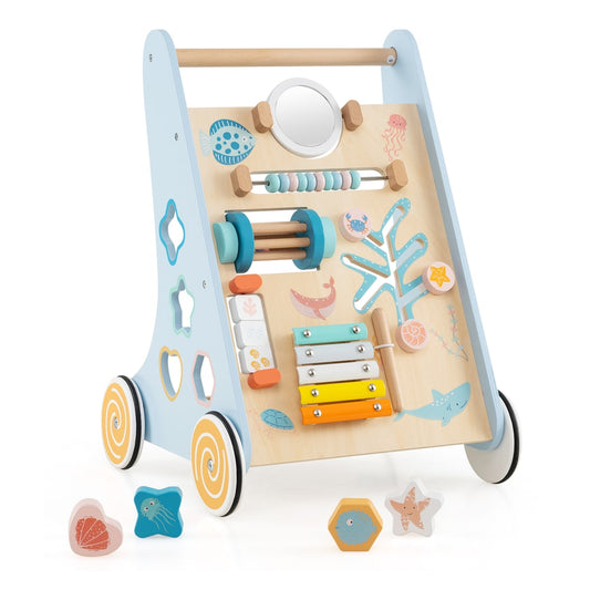Push and Pull Learning Activity Center with Wheels is a blue wooden baby walker with various interactive toys